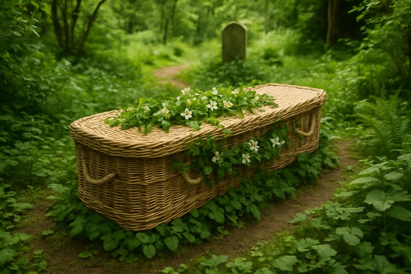 Cercueil écologique entouré de verdure dans un cimetière naturel.